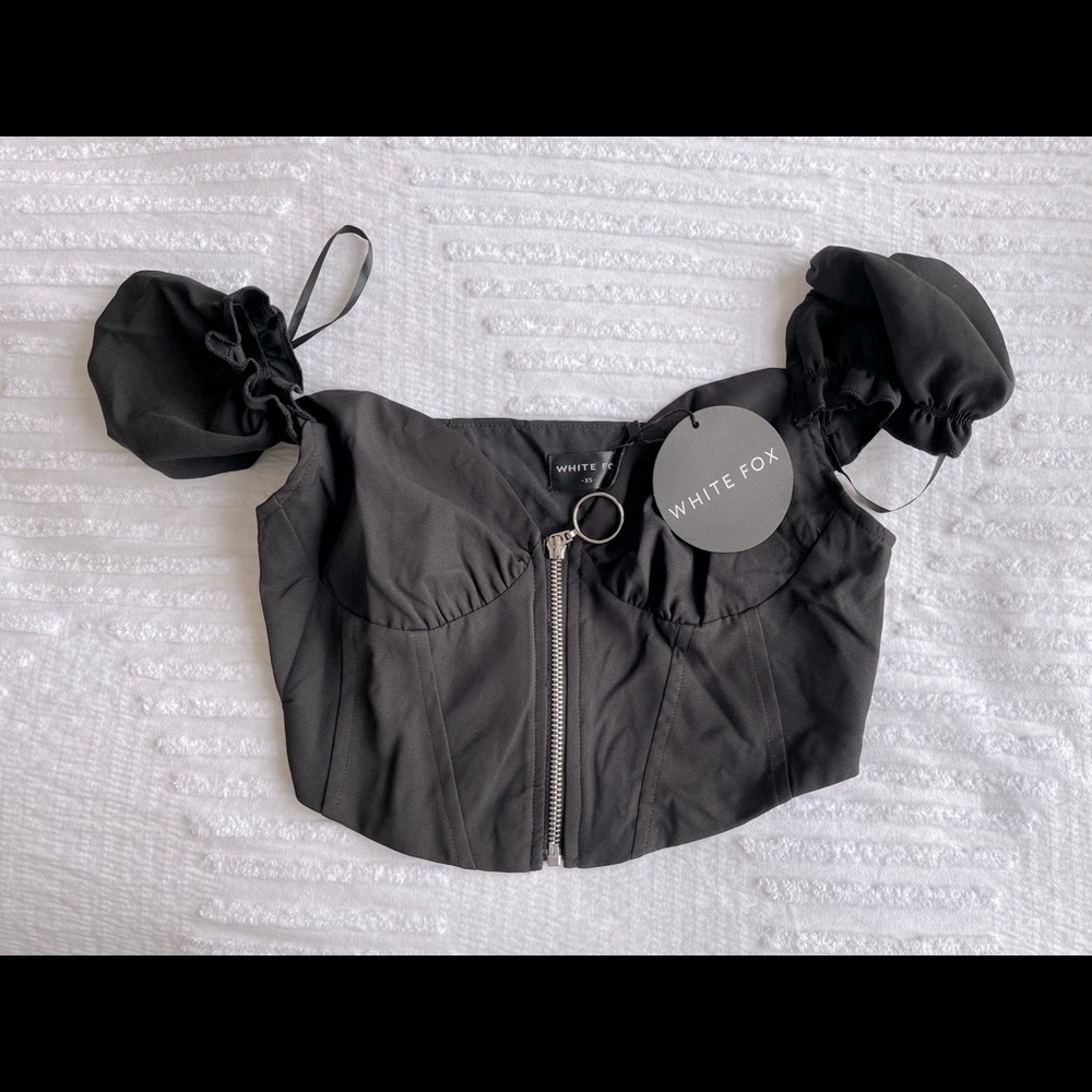 WHITE FOX Zip Up Crop Top in Black